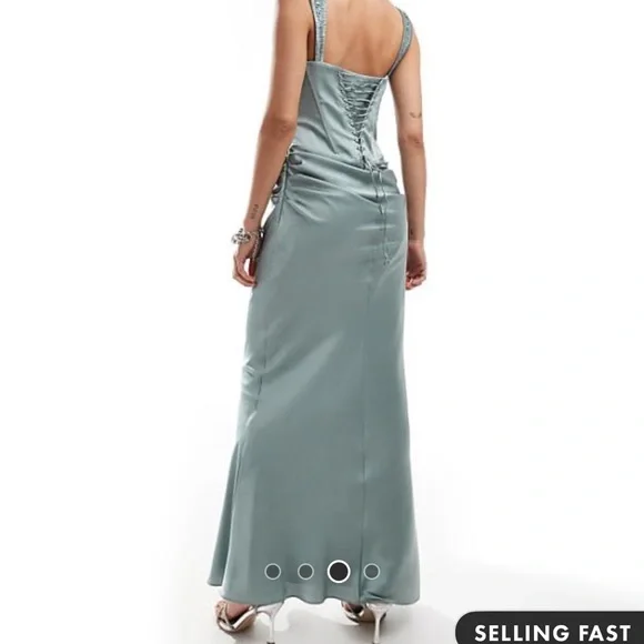 ASOS DESIGN corset detail draped satin maxi dress with lace up back in sea green - Picture 3 of 4